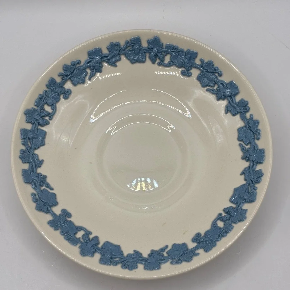 Wedgwood Embossed Queens‎ Ware Tea Cup and Saucer Lavender Blue on Cream England